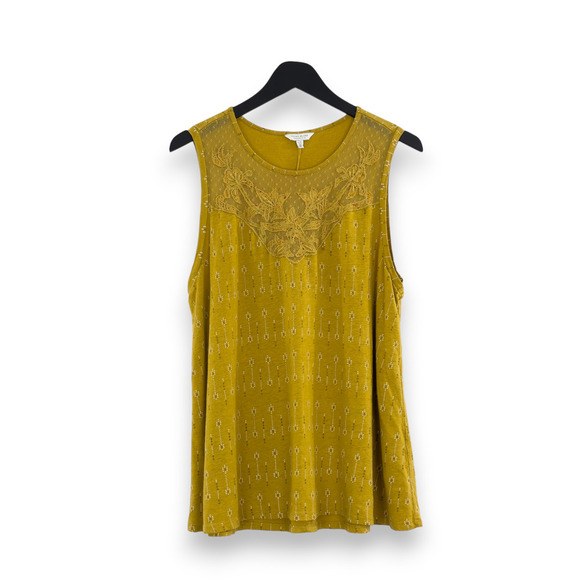 Lucky Brand Tank With Floral Embroidery Mesh - Mustard Yellow - Size L - Picture 1 of 6